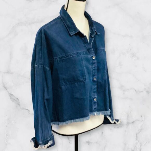 Guess Blue Denim Drop Shoulder Boxy Frayed Hem Jacket/Top in Medium - Picture 2 of 8